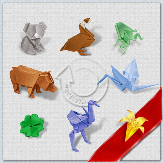 Portfollio Images of Origami Koala, Duck, Frog, Bear, Crane, Four Leaf Clover, Ostrich, Lily